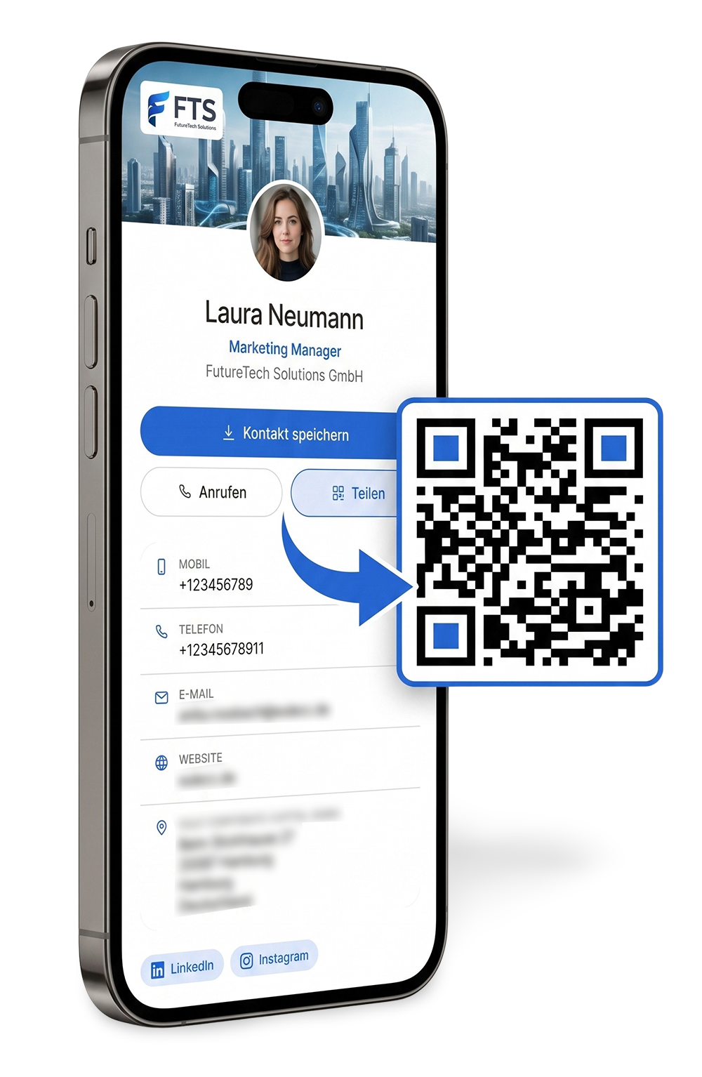 Smartphone mit digitaler Visitenkarte, daneben der QR-Code zum Teilen